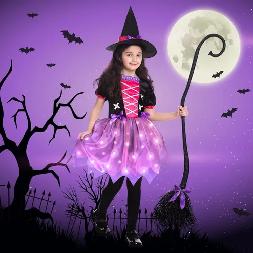 Vista 7 de Poshetion Halloween Witch Costume for Girls Light Up Toddler Witch Dress with Hat and Broom for Halloween Role-Play Party