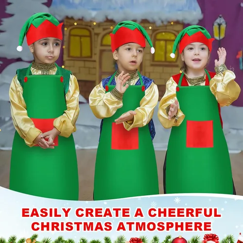 Vista 6 de Handepo - Conjunto de delantal y gorro de elfo navideño para niños, sombreros de Papá Noel para niños, suministros de fiesta navideña para niños