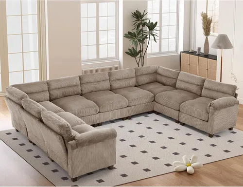 Vista 76 de HAOMARKETS Sofá esquinero modular en forma de L de 115 pulgadas con 2 otomanas móviles, sofás de pana de 8 plazas con cojín grueso para sala de Beige