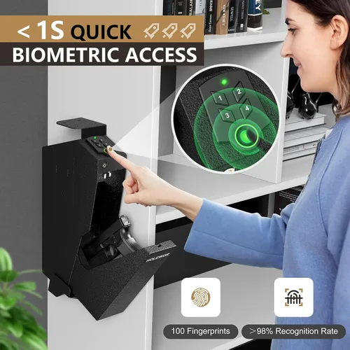 Vista 3 de HOLEWOR Caja fuerte para armas, caja fuerte biométrica para pistola desplegable para pistola, caja fuerte montada para pistola con huella digital