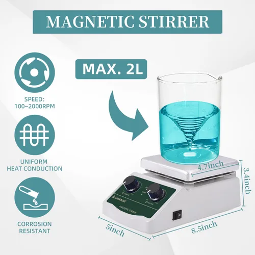 Vista 2 de Placa de Calentamiento con Agitador Magnético 300℃/ 572℉ 2L Mezclador Calentado 2000RPM para Laboratorio con Barra de Agitación Recicladora Set