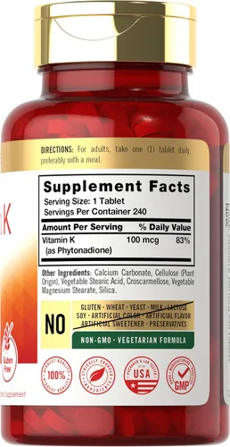 Vista 2 de Carlyle Vitamina K 100 mcg 240 tabletas Vegetariano, sin OMG, sin gluten Suplemento de vitamina K