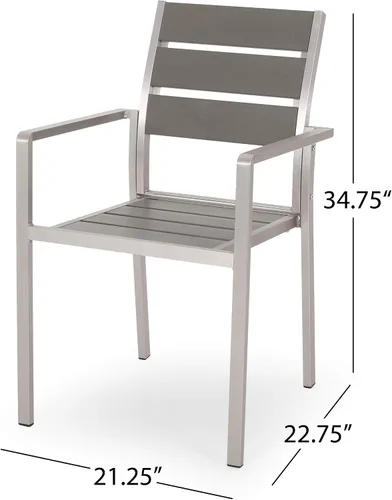 Vista 3 de GDFStudio Silla de comedor de aluminio moderna para exteriores con asiento de madera sintética (juego de 2), gris y plateado