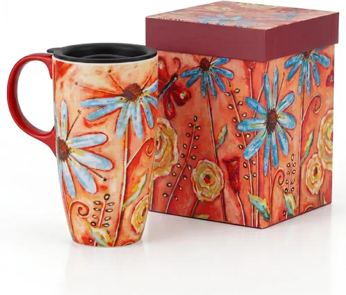 Vista 10 de DUSVALLY Taza de cerámica grande Taza de café alta Tazas de viaje de porcelana Taza de café con tapa de 17 onzas, Abeja