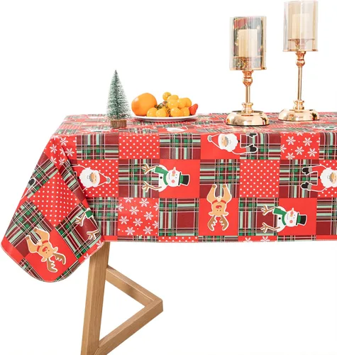 Vista 17 de Mantel de vinilo desechable con reverso de franela, impermeable, patrón de copo de nieve y reno (60 pulgadas, 2-4 asientos)