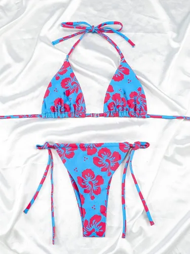 Vista 7 de Women Halter String Bikini Set Sexy Thong Cheeky Two Piece Swimsuits Solid Color Bathing Swimwear