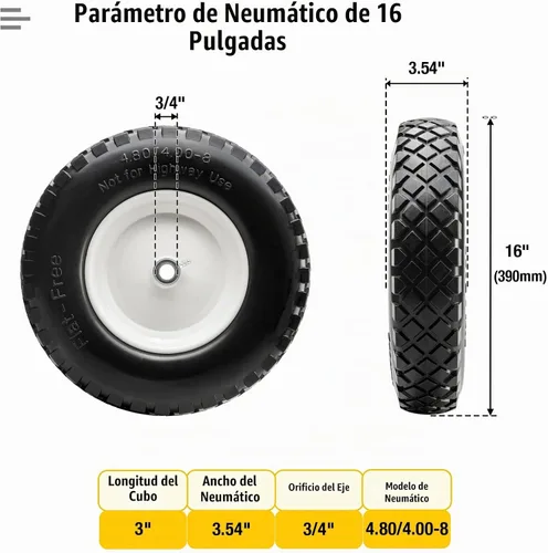Vista 2 de 16" Neumático plano sin cámara de PU 4.80/4.00-8" sólido con rodamiento de bolas de 3/4" y cubo central de 3"-8", rueda universal para carretilla