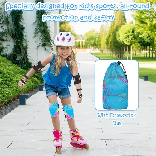 Vista 7 de Rodilleras para niños, juego de equipo de protección ajustable con bolsa de malla, rodilleras y coderas, protector de muñeca para niñas, patines