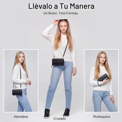 Vista 2 de nuoku Cartera RFID para Mujer Monedero Muñequera Bandolera Clutch con Cremallera Perimetral 2 Correas Negro