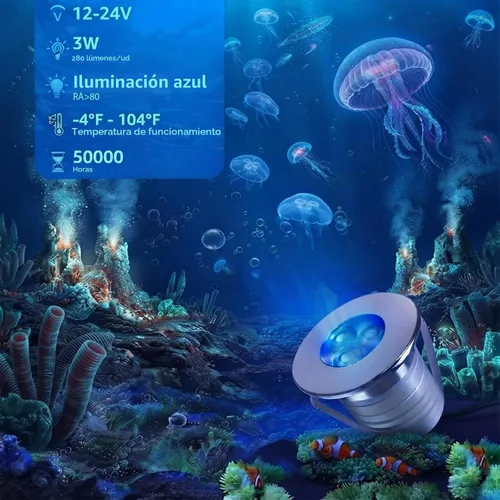 Vista 3 de luces subacuáticas de la piscina de 3W LED, luz del estanque IP68 12V Iluminación azul.