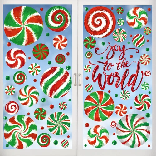 Vista 8 de DULEFUN Adhesivos de Navidad para ventana, calcomanías para ventana de caramelo, pintura al óleo, calcomanías de caramelo rojo y verde para fiesta