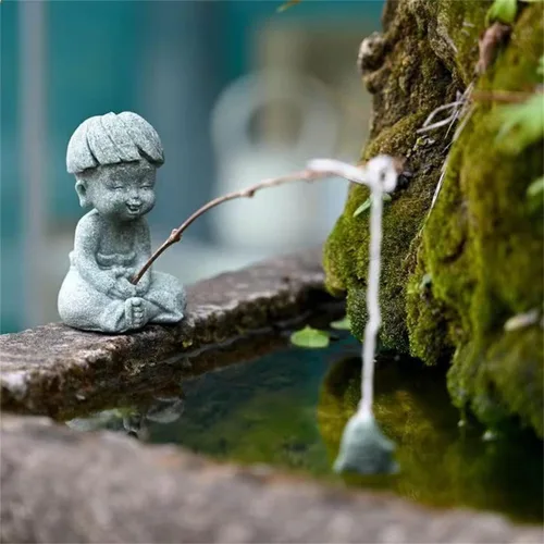 Vista 4 de livelyfish Little Fisherman Figurines Sandstone Chinese Miniatura Fisherman Statua Ornamento para pecera, micro paisaje, bonsái, decoración