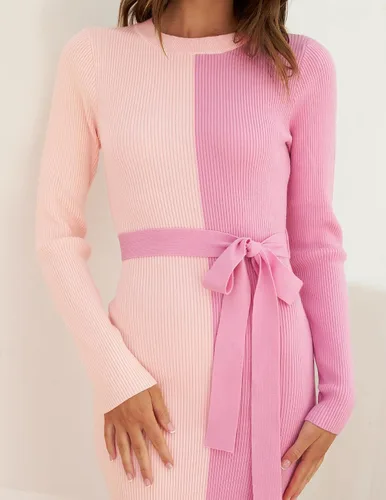 Vista 7 de ZESICA Vestido de punto acanalado para mujer, elegante vestido de manga larga con cuello redondo y lazo en la cintura ajustado ajustado