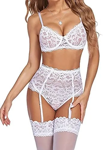 Vista 6 de Avidlove Lencería sexy para mujer lencería de encaje de cintura alta con aros