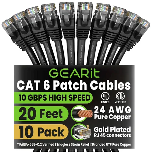 Vista 75 de GEARit Paquete de Cables Ethernet Cat 6 - Paquete de 20 Cables de Conexión Ethernet Cat6 de 1 pie Cable de Conexión de Red RJ45, Conectores