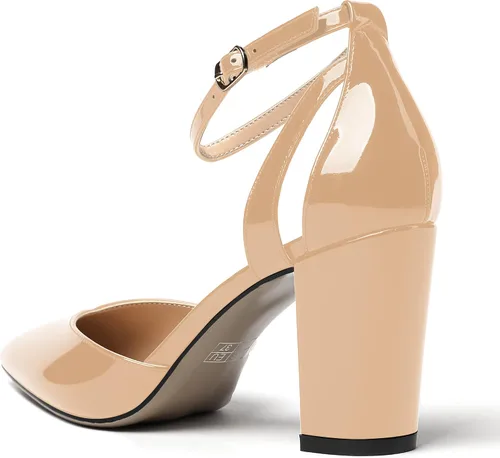 Vista 7 de MODENCOCO Zapatos de tacón alto de charol D'Orsay con correa de tobillo recortada para mujer, 3.5 pulgadas
