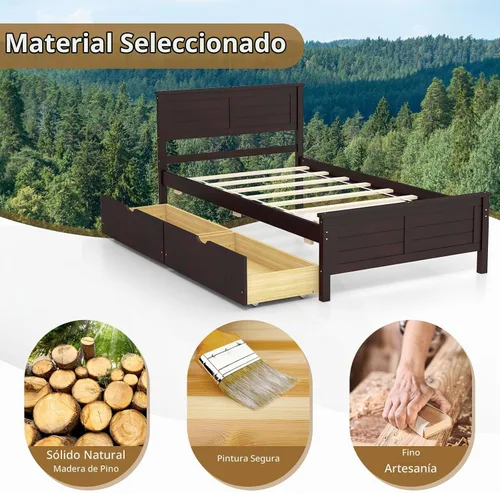 Vista 8 de KOMFOTT Marco de Cama de Madera Tamaño Twin con 2 Cajones de Almacenamiento, Marco de Cama de Plataforma de Mediados de Siglo con Cabecero, Soporte