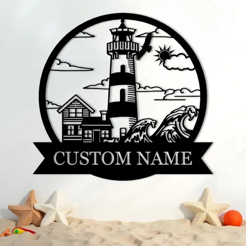 Vista 12 de Letreros de faro de metal personalizados Arte de pared de cabina al aire libre personalizado para playa costera Letrero de apellido Regalo