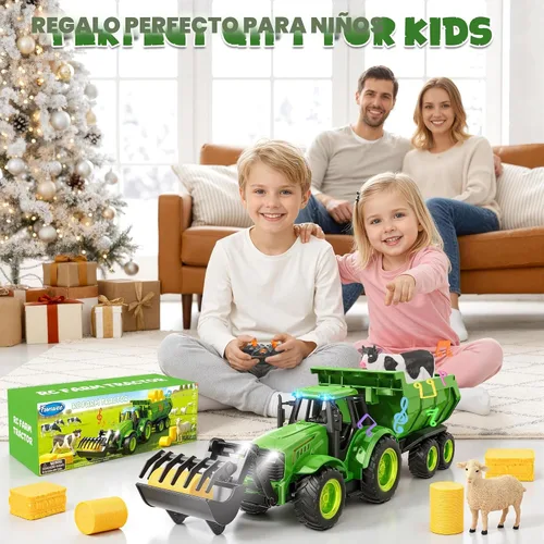 Vista 7 de Funwee Juego de juguete de tractor de granja RC con cargador, remolque y Verde brillante
