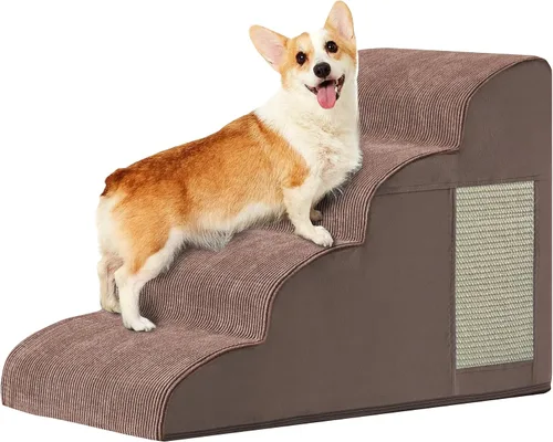 Vista 10 de Escaleras de perro para cama, escaleras para perros pequeños, rampa para perros de 2 peldaños para cama, sofá, sillón y sillas, diseño Beige