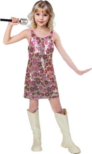 Vista 11 de Vestido de lentejuelas para niñas, sin mangas, con purpurina, disfraz para graduación, concierto, fiesta con accesorio de micrófono de purpurina