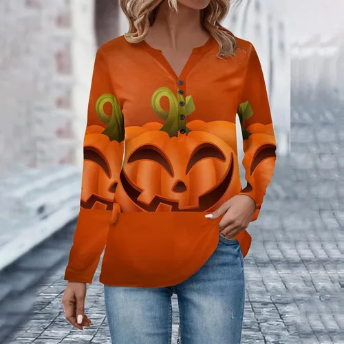 Vista 4 de Camisetas de manga larga para mujer, con estampado de Halloween, ajuste holgado, camisetas de moda, ajuste relajado, blusa ajustada