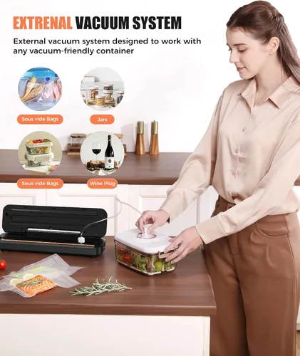 Vista 7 de Máquina selladora al vacío de 75 kpa - Sellador de alimentos compacto 6 en 1 con temporizador digital de cuenta regresiva, hoja deslizante externa