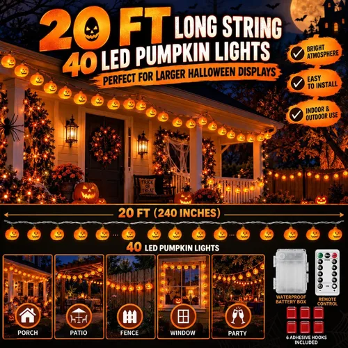 Vista 2 de Guirnalda de luces de calabaza de Halloween, 20 pies, 40 LED, control remoto, 8 modos
