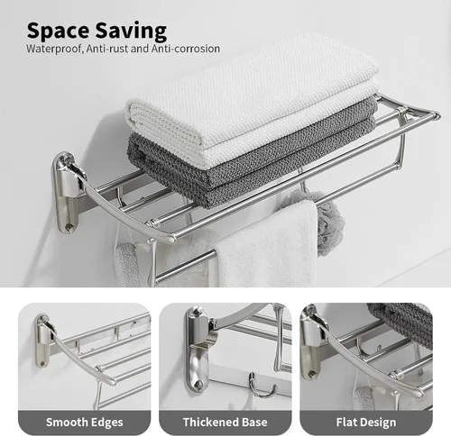 Vista 2 de BESy Toalleros de 24 Pulgadas de Níquel Cepillado, Estante de Toallas de Baño con Barra Plegable y Ganchos para Toallas, Accesorios de Baño