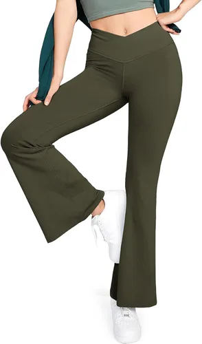 Vista 2 de QUXIANG Pantalones de yoga para mujer, con corte de bota, leggings cruzados para mujer, control de abdomen, pantalones de trabajo para gimnasio