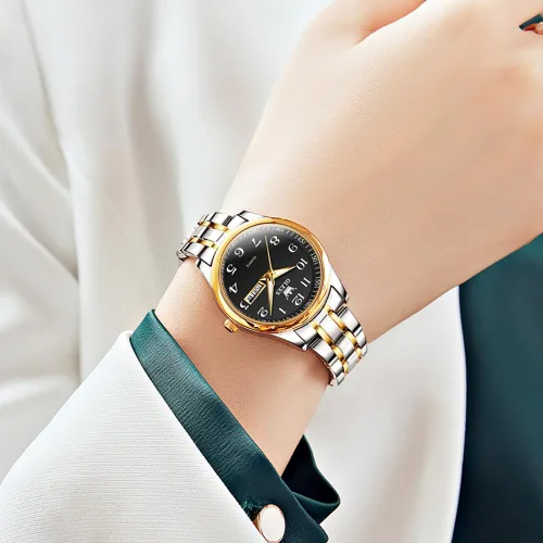 Vista 4 de OLEVS Reloj de mujer con diamantes de oro, clásico, elegante, de acero inoxidable, impermeable, fecha de día