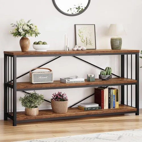 Vista 21 de LVB Mesa consola negra, mesa de entrada moderna para pasillo y sala de estar, mesa de sofá industrial detrás del sofá, mesa de entrada de madera