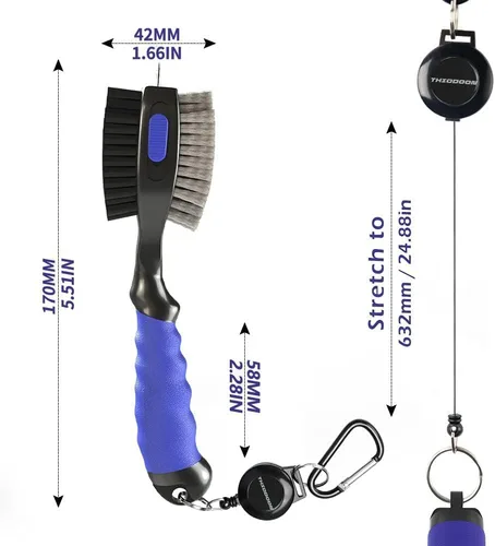 Vista 2 de THIODOON 2 Pack Golf Club Brushes and Groove Cleaner 2 ft Retractable Zipline Carabiner Golf Brush Head with Retractable Spike Comfortable Grip Golf