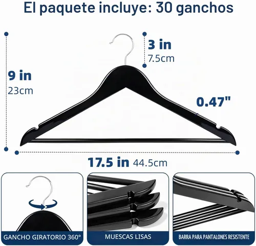 Vista 2 de Amber Home Perchas de madera maciza para trajes, paquete de 30 perchas de madera con acabado negro liso con barra antideslizante para pantalones