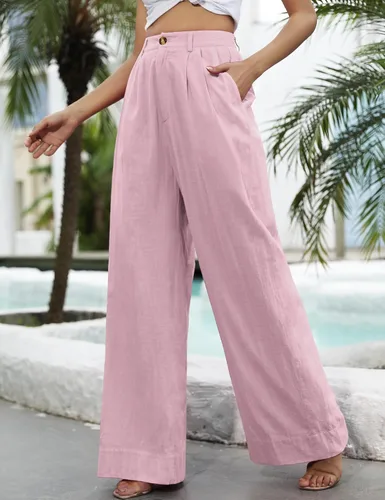 Vista 2 de Kocowoo Pantalones de vestir de lino de pierna ancha para mujer, pantalones palazzo de cintura alta, pantalones casuales de playa con bolsillo.