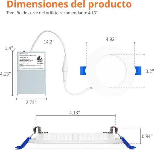 Vista 5 de Meconard Paquete de 6 luces LED empotrables de 4" de 5 CCT con luz nocturna, 2700K/3000K/3500K/4000K/5000K seleccionables, luces LED empotrables