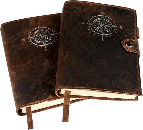 Vista 5 de Diario de cuero para hombres y mujeres – Cuaderno de cuero de brújula forrado recargable de alta calidad con bolígrafo, ranura para monedas
