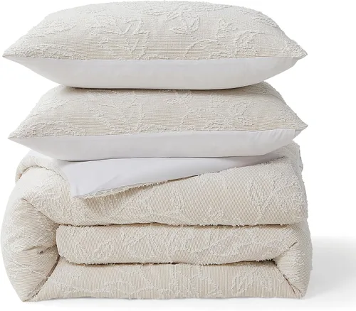 Vista 6 de Peri Home Folky - Juego de edredón y funda de almohada de 3 piezas de jacquard floral, matrimonial/queen, beige natural