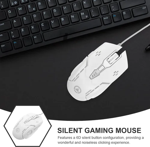 Vista 7 de Ratón para juegos con cable USB para computadora portátil y PC, mouse mecánico silencioso de 6 botones con iluminación RGB, color blanco, periférico