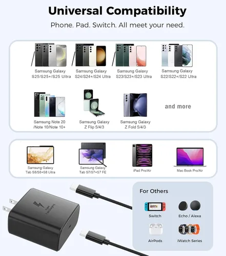 Vista 5 de Cargador súper rápido USB C 3.0 de 45 W con carga tipo C, cable trenzado de nailon compatible con cargador Samsung Cable de carga rápida para Galaxy