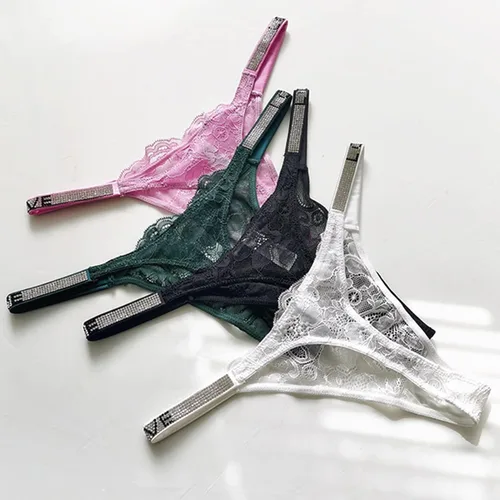 Vista 4 de Bragas de tanga sexys, con diamantes de imitación para mujer, de talle bajo, tanga, floral, encaje en T, ropa interior, paquete de 3