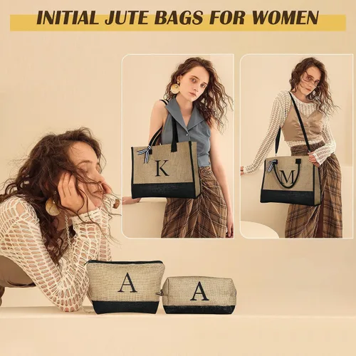 Vista 3 de YOOLIFE Regalos para mujeres, bolsa de yute con inicial y 2 bolsas de maquillaje, regalos personalizados para mujeres, profesores, mamá, amiga