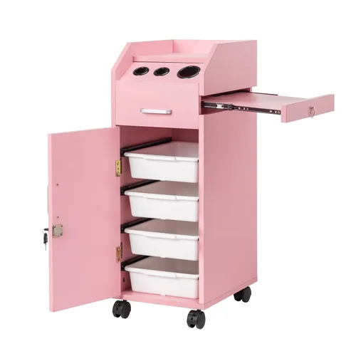 Vista 11 de Winado Carrito de almacenamiento de peluquería con ruedas y 3 soportes para secador de pelo, 4 cajones y cerradura y 2 llaves, estación de Negro