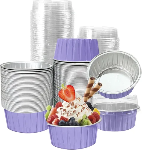 Vista 8 de 100 piezas de tazas de aluminio con tapas, 5 onzas de tazas desechables de ramekin para hornear, forros para magdalenas, mini moldes para tartas