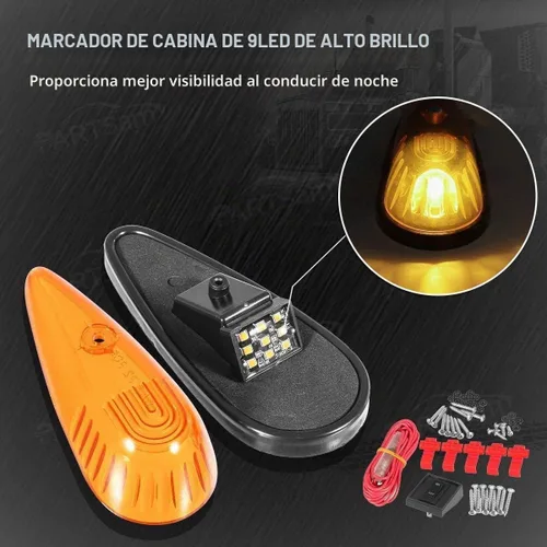 Vista 7 de Partsam Luz de cabina ámbar con forma de lágrima, 9 LED, 5 unidades, luz delantera y trasera superior para techo con paquete de cableado para Lente