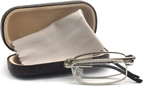 Vista 15 de Gafas de lectura plegables de metal rectangulares compactas con estuche de cuero para hombres y mujeres
