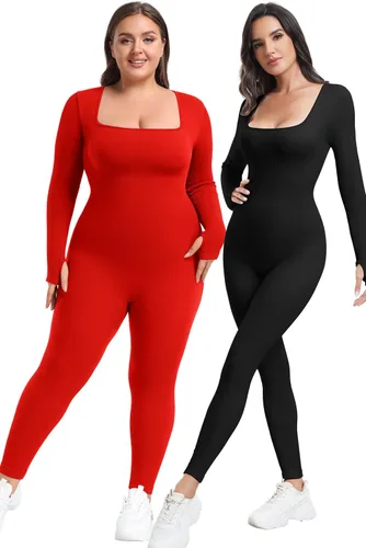 Vista 5 de Overol de yoga de manga larga para mujer, con control de abdomen, acanalado, cuello cuadrado, bodycon
