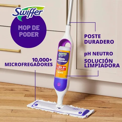 Vista 5 de Swiffer PowerMop Solución de recarga antibacteriana, limpiador de suelos multisuperficie multiusos para trapear azulejos, vinilo, laminado, madera