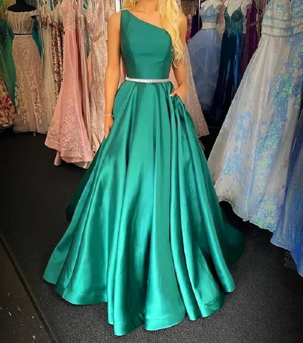 Vista 5 de Vestidos de satén de un hombro para niñas, vestido de princesa de una línea de flores con banda de abalorios