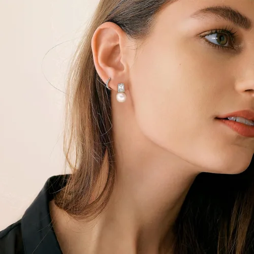 Vista 6 de Aretes colgantes de plata de ley 925 seleccionados a mano AAA+ de 7.5 a 0.315 in, perlas cultivadas de agua dulce blanca, joyería para mujeres